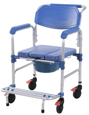 3 in 1 Folding Bedside Commode Chair Adult Chair for Seniors Adults with Drop Arms Lockable Casters Anti-Tilt Foldable Footrest Shower Wheelchair Holds Up to 330 Lbs w/Removable Bucket