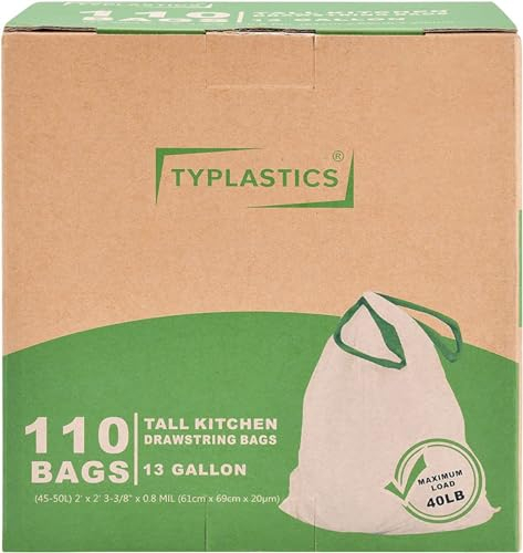 TYPLASTICS Tall Kitchen Drawstring Trash Bags, 13 Gallon, 110 Count