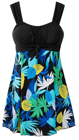 Wantdo Femme Maillot de Bain 1 Pièce Jupette Grande Taille Amincissante Slim Cache Ventre Push Up Elégant Plage Floral Robe Tankini Feuille Noire avec Fleur 50-52