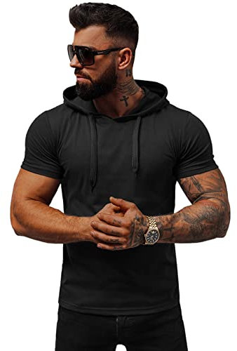 OZONEE Herren T-Shirt Kapuze T Shirt Tshirt Kapuzenpullover Sweatshirt Hoodie Sweatjacke Trainingsjacke Sportjacke Kurzarm Kurzarmshirt Tee Top Sport Sportswear 777/7350T/3 SCHWARZ L