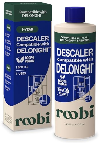 Roobi Entkalkungslösung für Kaffeemaschinen kompatibel mit DeLonghi. Konzentrierte Formel, umweltfreundlich, geruchsfrei. 1 Flasche für 5 Anwendungen.