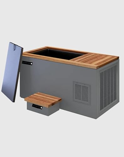 The UK Ice Bath Company/Electric Ice Bath/Stainless Steel/Ice Bath Thermometer with Chiller Inside/Ice Bath Tub / 2 °C −42 °C/Cold Therapy/Ice Bath Outdoor Grey Base: Wooden Top)