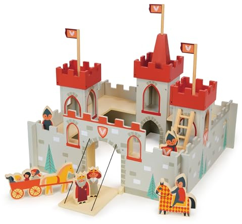 Mentari Toys - King’s Castle - Wooden Fortress Playset with 3 Towers, Drawbridge, Soldiers, Horse and Cart - Encourages Imaginative Play, Storytelling and Skill Development - Age 3+