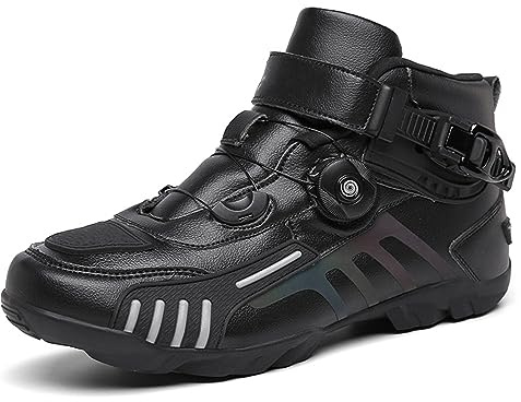 DJFOG Hommes Moto Chaussures Noir Motocross Bottines Courtes en Cuir Imperméable, Moto Off-Road Chaussures Racing Sports Bottes,Noir,44 EU