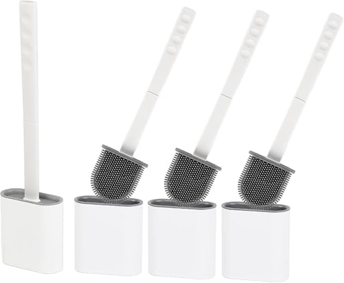 Silicone Toilet Brush With Holder – Pack of 4 Long Non-Slip Handle, Flexible Bristles for Easy Cleaning – Modern Drip-Free Base, Durable White Bathroom Toilet Brush Set With Holder