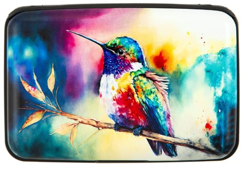 Kaabao Credit Card Holder for Women Men RFID Blocking Wallet Small Business Metal Slim Mini Aluminum Hard Case (Watercolor Painting Hummingbird)