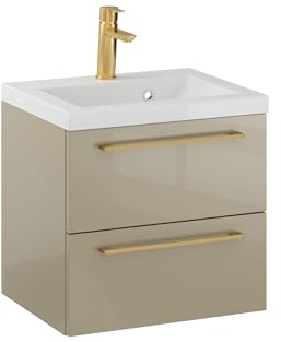 Furni Rosen 50 cm Hängend Waschbecken mit Unterschrank und Gebürsteten Goldenen Griffen Waschbeckenunterschrank Badezimmer Waschtisch mit Unterschrank Waschtischunterschrank