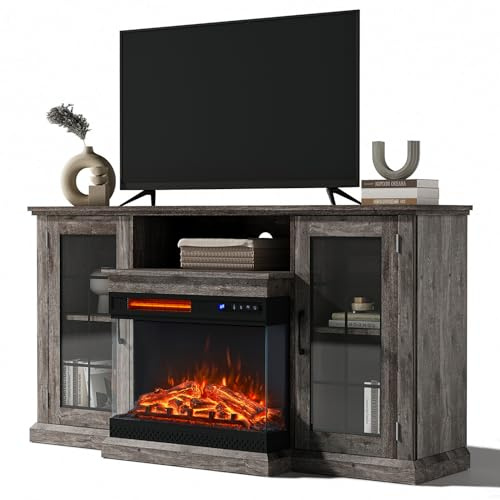 INMOZATA Electric Fire Insert TV Stand, Console Table with 3-Side Realistic LED Flame Effect Display, Remote Control&Overheat Protection, 25 Fireplace, for 65 TV, Grey