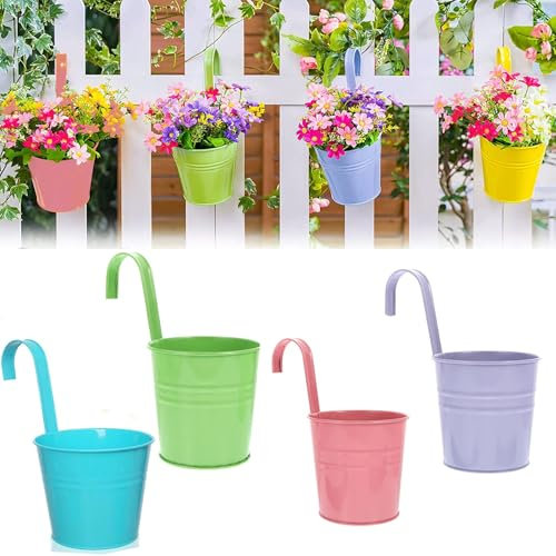 Pots de Fleurs Suspendus,4 pcs Pots de Fleurs Exterieur Pot Suspendu en Métal Suspension Plante avec Crochet Paniers de Jardinière Suspendus pour Balcon Clôture Jardin