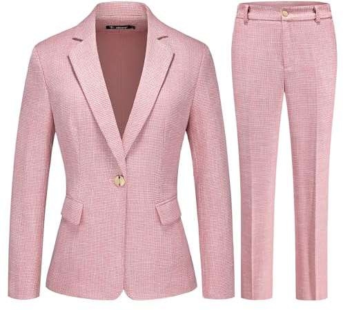 TRONSTORE Women's Suit 2 Piece Set Buiness Pants Suit for Women Pinstripe Houndstooth Blazer, Pink, S