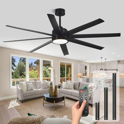 Modern Ceiling Fans with Lights, 65 Inch Ceiling Fan with Light and Remote for Bedroom Living Room Kitchen Office, Indoor/Outdoor Use, 24W 3CCT 8 Blades 6 Speed Reversible Quiet DC Motor, Black