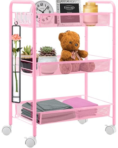 VR7 - 3 Tier Storage Trolley on Wheels, Kitchen Storage Rack, Versatile Metal Storage Organizer for Kitchen, Bedroom, Bathroom, Craft, Laundry, and More - Rolling Utility Trolley Easy Assembly - Pink