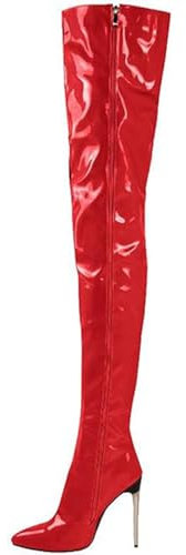 WEHAM Überknie-Stiefel für Damen in Übergröße, Kunst-PU, Tanzschuhe mit seitlichem Reißverschluss, Rot, 47