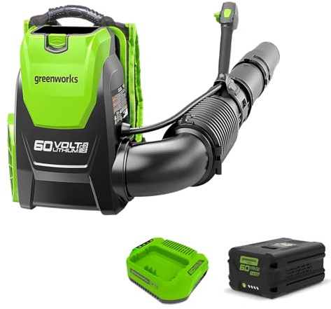 Greenworks Axial souffleur de feuilles sans fil GD60BPB (Li-Ion 60V 260 km/h vitesse de l'air 1050 m³/h débit d'air, souffleur dorsal avec batterie 4Ah et chargeur)