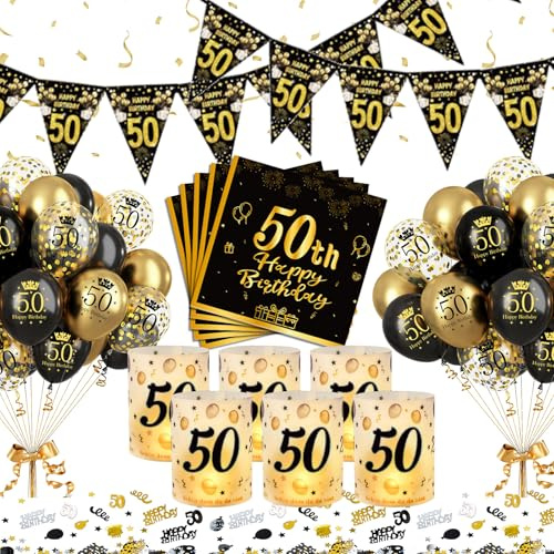 YEJIKJ 50-årsdagsballonger för män och kvinnor, 50-årsdagsdekoration lycklig guld svart, 50 år lycklig födelsedagsdekoration, 50-årsdagsballonger lycklig födelsedagsdekoration för 50-årsdagsfest män