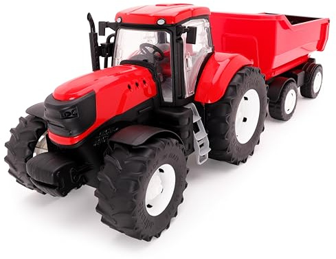 Toyland® 58cm (23) Red Tractor & Trailer With Opening Doors & Lifting Trailer - 1:16 Scale - Toy Farming Vehicles
