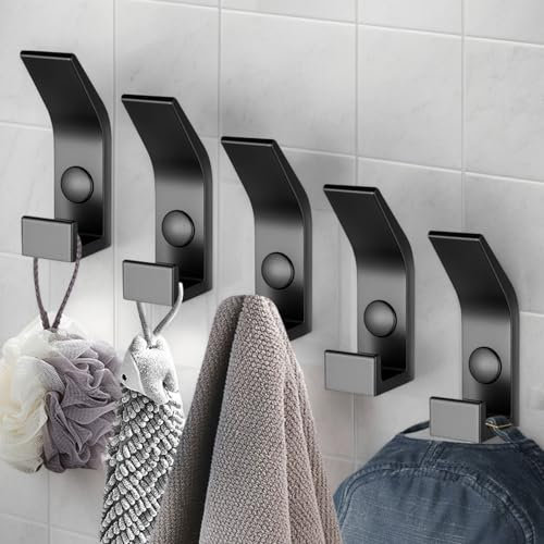 BieMian 5 PCS Black Coat Hook Wall Hanger, Heavy Metal Double Foot Coat Hanger, for Wall Door Bag Clothes Bedroom Bathroom Hook