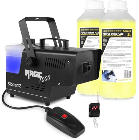 beamZ RAGE1000 - Máquina de humo 1000W con LED, control remoto inalámbrico y con cable, depósito 2L, incluye 2L de líquido, rápida, potente, ideal para fiestas, DJs y efectos de luz