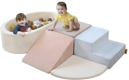 BanaSuper Blocchi Schiuma per Bambini, Blocchi da Arrampicata in Schiuma con Piscina di Palline (Nessuna Palla), Attrezzature da Gioco Morbide, Parco Giochi per Arrampicata e Gattonare, Blu Rosa