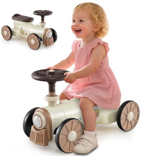 COSTWAY Porteur Enfant en Forme Train avec Volant & Son de Sifflet, Voiture à Pousser Enfant avec Phare Simulé, Espace Caché sous Siège & 4 Roues, Charge 15kg pour Bébé de 19-36 Mois (Beige)
