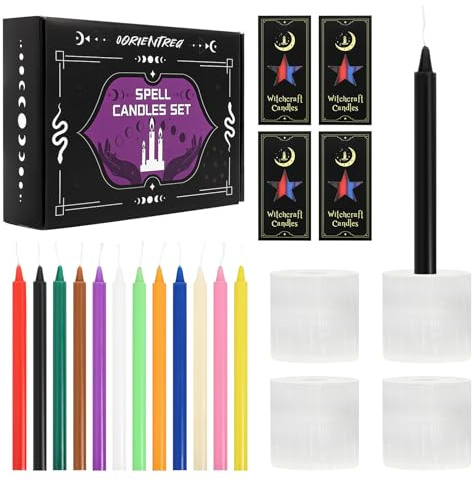 Spell Candles 48 Pack with 4 Custom-Fit Selenite Holders – Coloured Chime Candles for Witchcraft, Rituals, Meditation, Altar – No Tipping, Secure Burning
