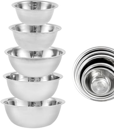 Yumzxin 5 Piece Stainless Steel Mixing Bowls Set, Nesting Bowls with Measurement Markers for Cooking, Baking, Serving, Food/Salad Prep