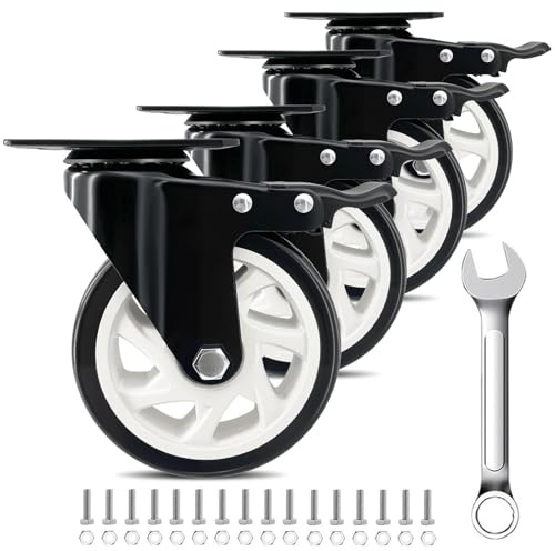 5 Inch Heavy Duty Caster Set of 4, Swivel Plate Castor Wheels with Dual Locking Brakes, Silent Polyurethane (PU) Wheels, 360 Rotation, 2800lbs Load Capacity-Black