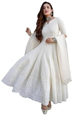 ANUYA Women Chikankari Anarkali Kurti Set – 100% Cotton Embroidered Indian Dress for Wedding, Festival & Parties (US, Alpha, X-Large, Regular, Regular, White)