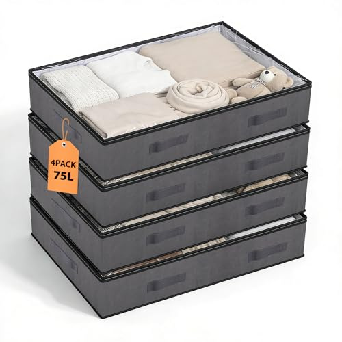 Sekey 4 Stück Unterbett Aufbewahrungstasche mit Deckel 75L, Faltbare Aufbewahrungsbox mit Doppelreißverschluss, Bettkasten Aufbewahrung Stoff-Organizer für Kleidung, Bettwäsche, Umzug, Grau
