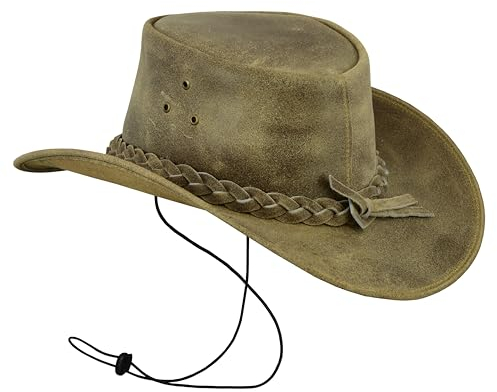 Leatherick Unisex-Cowboyhüte aus echtem Mad-Horse-Leder im West-Aussie-Stil mit Kinnriemen (M, Verrücktes Beigebraun)