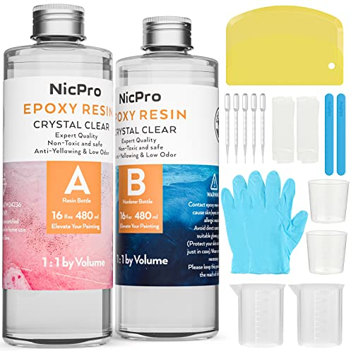 Nicpro 960ml/32oz Epoxidharz Set, Transparent Epoxidharz mit 4 Messbechern & 2 Silikonstäbchen & Handschuhe, Harz Gießen Set für DIY Basteln und Schmuckherstellung