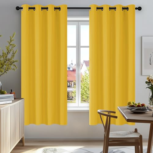 Deconovo Opaque Blackout Eyelet Curtains, 210 x 140 cm, Mustard Yellow, Set of 2