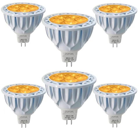 JSVSAL MR16 LED-Leuchtmittel, dimmbar, Gelbes,5 W, ersetzt 50 W Halogen-Äquivalent, 12 V GU5.3 Bi-Pin-Sockel, 40 Grad Spot Beleuchtung für Innen- und Außen-Landschafts-Leuchtmittel, 6-Pack