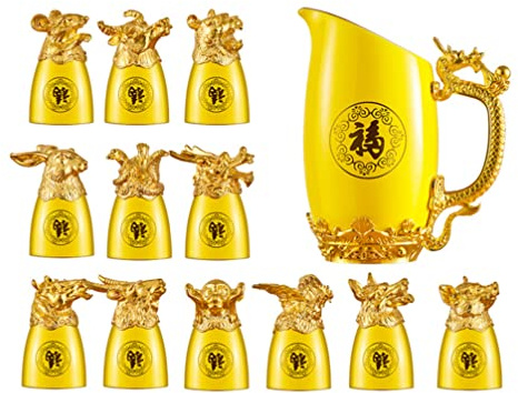 Cabilock 1 Set Chinese 12 Zodiac Signs Cup Set Retro Shot Glass Wine Cup Dispenser Wine Decanter for Soju Whiskey Chinese Yellow