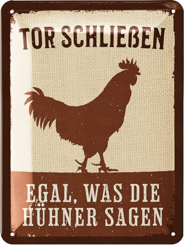 LANOLU Retro Blechschild Hühnerstall Schild - Tor SCHLIESSEN EGAL was DIE HÜHNER Sagen - Hühner Deko Geschenk als Hühnerstall Zubehör und Wanddeko - Vintage Metallschild15x20cm