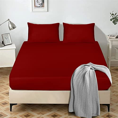 My home store Fitted Sheet 25 cm Deep Brushed Microfiber Ultra Soft No-Iron Wrinkle-Resistant Plain Dyed Fitted Bed Sheets Hypoallergenic Breathable Sheets (Red, Super King)
