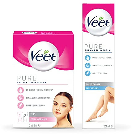 Veet Crema Depilatoria Corpo e Gambe Pelli Sensibili, 200ml + Veet Depilazione Viso, Crema Depilatoria e Post Epilazione, 2x 50 ml