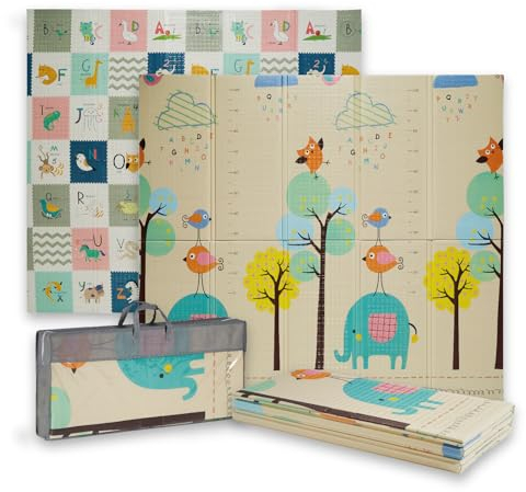 Buddy Baby - Tapis de jeu pour bébé XXL 180 x 200 cm, double face, tapis fortement rembourré, pliable et avec sac de transport (forêt/lettres)