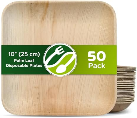 ECO Leaf 50 Disposable Palm Leaf Plates 10 (25cm) Large Square, Eco-Friendly, Biodegradable, Compostable, Durable, Oven Safe Bamboo Plates for Hot Food, Weddings, Picnics, and Parties