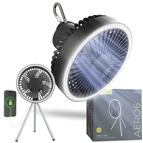 GetVints - USB Ventilator mit Licht - Tischventilator und Hängeventilator - per USB aufladbar - 10000mAh Powerbank - 3 Geschwindigkeiten - Timerfunktion - kompakt - mit Karabiner-Haken, AERO6