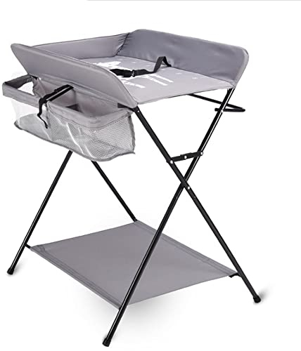 Baby Wickelkombi Mobiler Bade-Wickeltisch faltbar,klappbare Wickelkommode mobiler,Wickeltisch mit Wickelauflage schmal,Sicherheitsgurt und Ablagefächern (Dunkelgrau)
