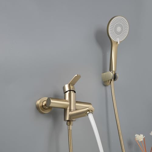 PHASAT Wandmontage Badewannenarmatur mit Handbrause Badewannen Amaturen Set Badewannenarmatur für 90 ° drehbaren Auslauf Bürste Gold PTBG04E