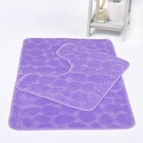 NIGHTZONE Stones 2 Piece Bath Mat & Pedestal Set Non Slip Extra Absorbent Bathroom Toilet Rug Bath Mats Set (Lilac)