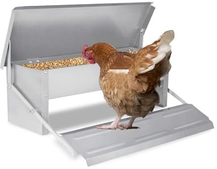 XMTECH Automatik Futterautomat Hühner für 5 kg Futter, Geflügel-Futterspender Hühnerfutterautomat mit Selbstöffnend Pedal und Wasserfest Deckel, Futterautomaten Futtertröge, Silber
