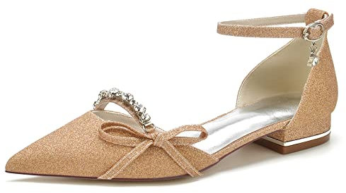 Womens Flat Crystal Business Shoes Ankle Strap Pointed Toe Bow Ballet Pumps, Comfortable Dressy Casual Work Office Daily Flat Shoes,Gold,8 UK
