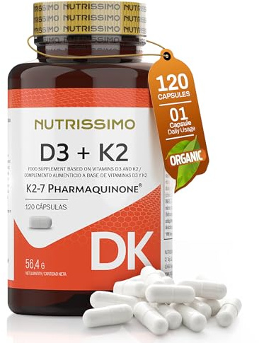 Nutrissimo Vitamina D3 y K2| Ideal para Fortalecer Tus Huesos, Mejorar la Absorción de Calcio y Apoyar un Sistema Inmunológico Saludable | Hecho en España | 120 Cápsulas|Suministro para 4 Meses