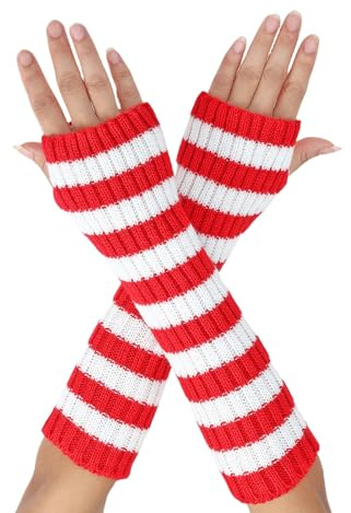 Suxgumoe Damen Armstulpen, gestrickt, langärmelig, fingerlose Handschuhe, Fäustlinge, Winter, Handgelenkstulpen mit Daumenloch für Damen und Mädchen, C Rot + Weiß, One size