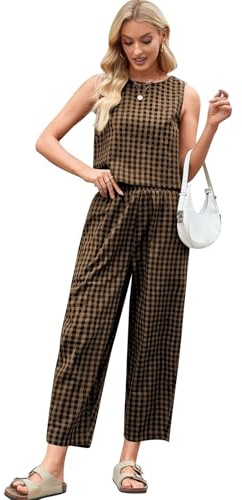 SotRong Gingham Summer Two Pieces Outfit Women Relaxed Boxy Fit Plaid Checked Pattern Leisure Wear Sets Sleveless Crewneck Tank Tops High Elastic Waist Cropped Pants Casual Y2k Matching Set Khaki L