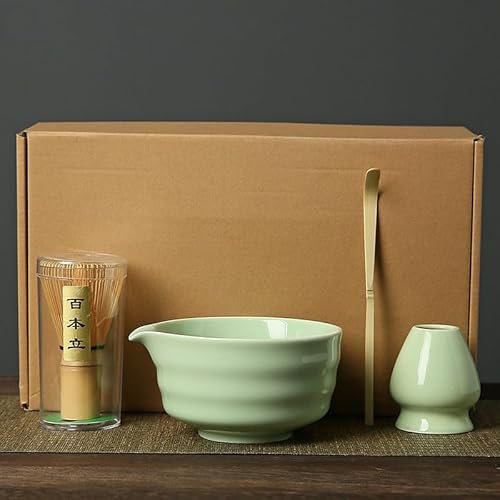 Matcha Whisk Set, 4 Stück,Matcha-Schale mit Ausgießer und Schneebesen, Matcha-Schaufel | Matcha-Schneebesen-Ständer (Chasen-Halter) - 4er-Set für die Matcha-Teezeremonie, (Grün)