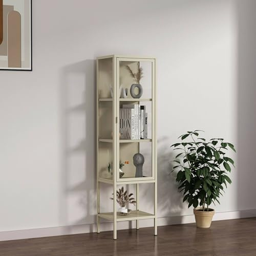 Dmora - Vetrina Prugna, Credenza espositiva, Vetrinetta Multiuso, Madia da Soggiorno, 42x35 h160 cm, Panna